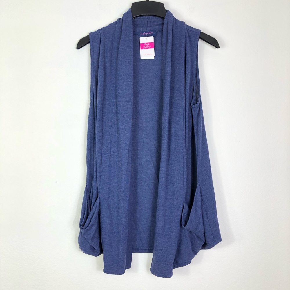 FRESH PRODUCE Blue cotton Boardwalk duster Vest Pockets Open Front long XS/S NEW